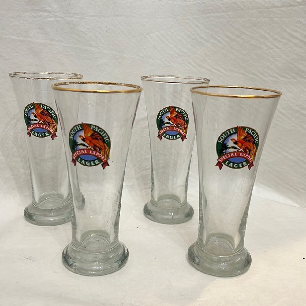 South Pacific Lager Special Export Beer Glasses 12 Oz Each Set 4 Gold Trimmed